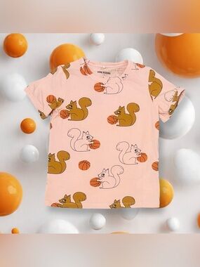 Mini Rodini Peach Pink Squirrel Basketball Short Sleeve Tee